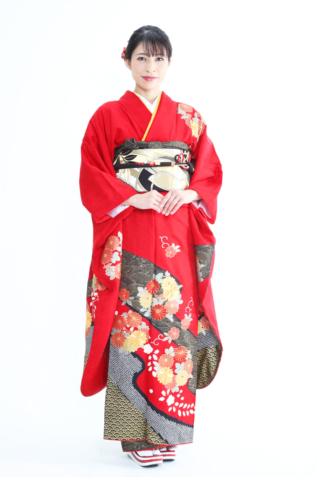 振袖 赤 黒 菊 絞り刺繍 セット