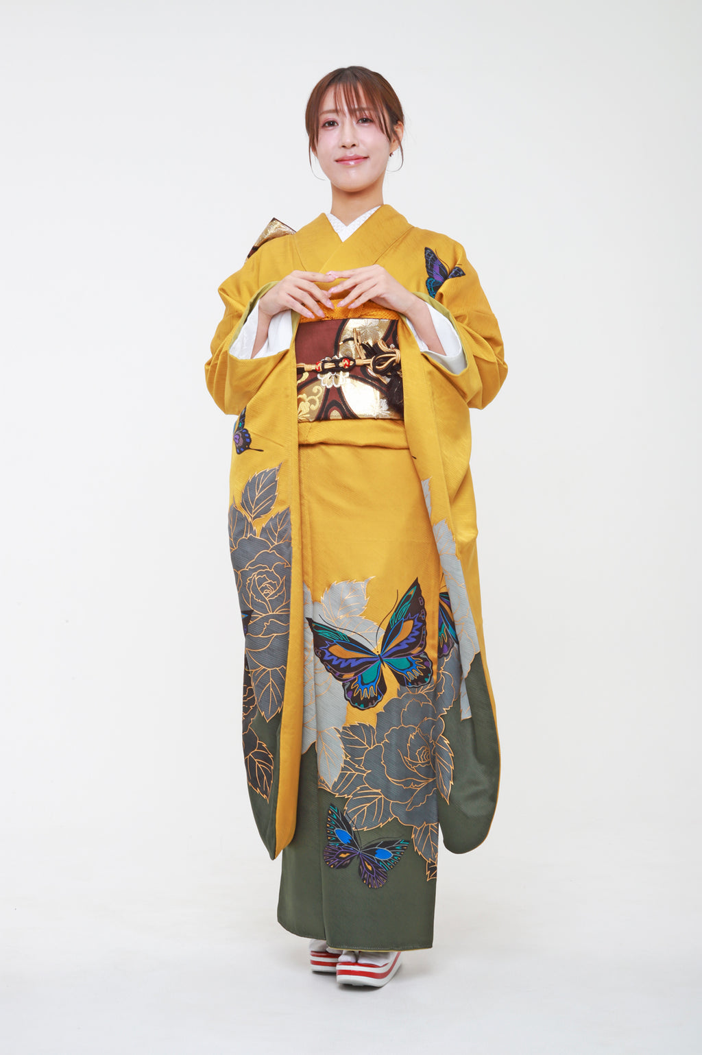 振袖 黄色 蝶 バラ 斎藤三才 セット