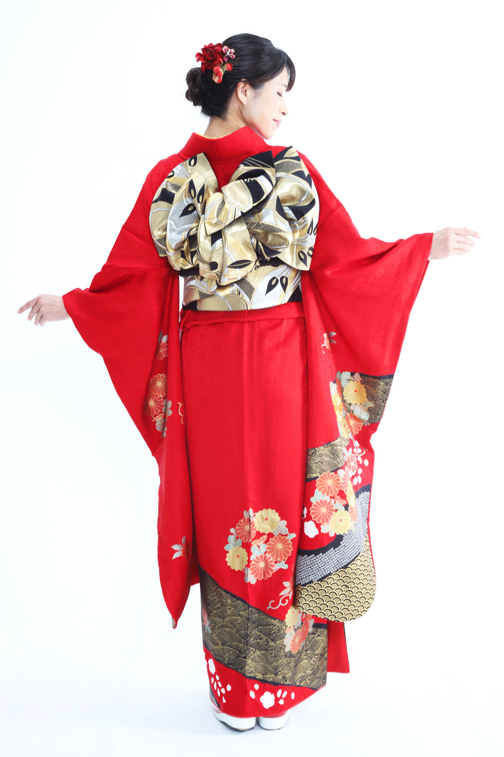 振袖 赤 黒 菊 絞り刺繍 セット