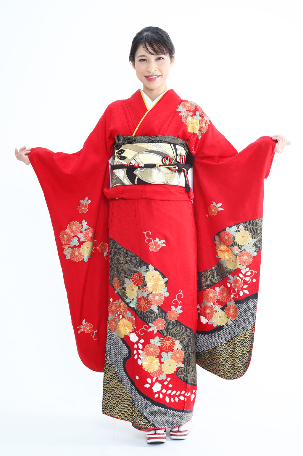 振袖 赤 黒 菊 絞り刺繍 セット