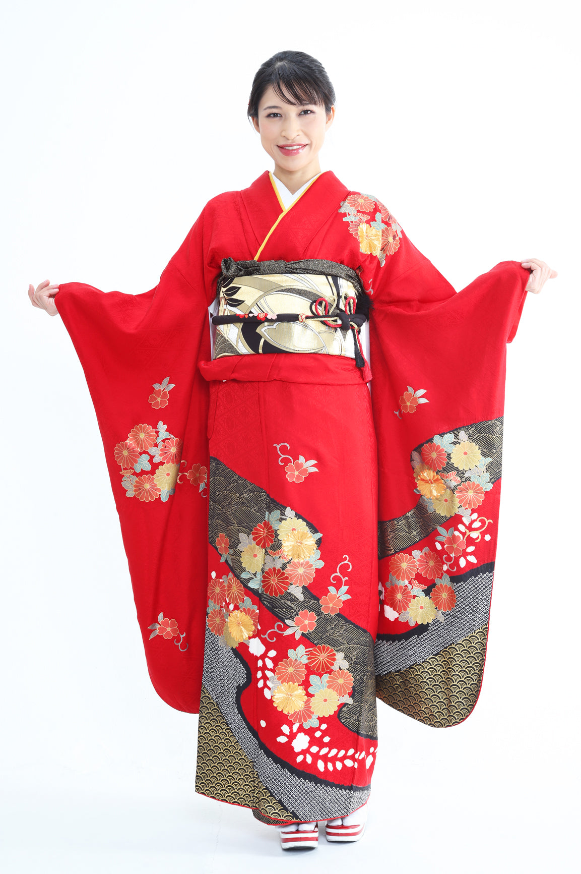 振袖 赤 黒 菊 絞り刺繍 セット