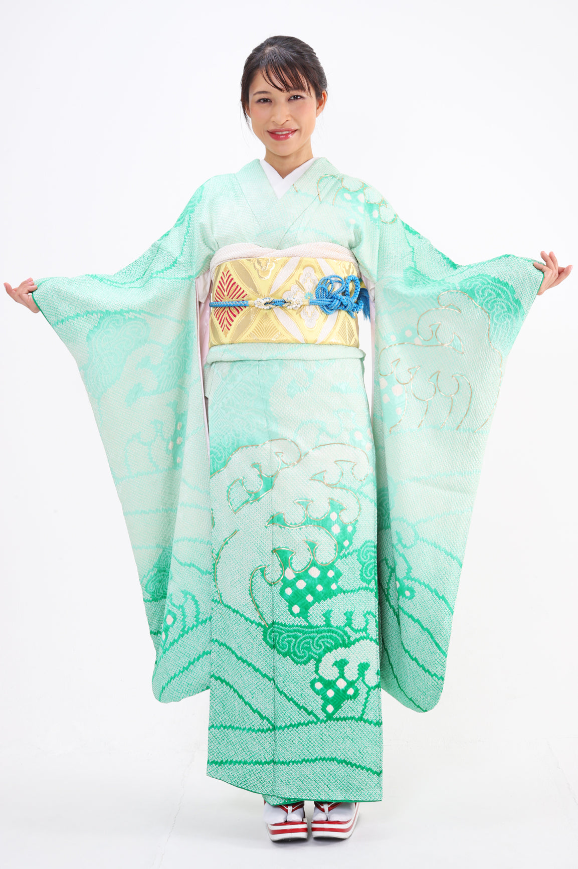 絞り振袖 黄緑 波 古典 セット