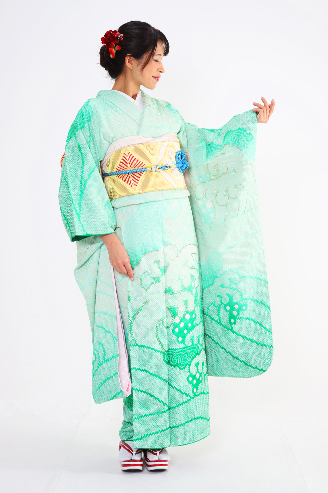 絞り振袖 黄緑 波 古典 単品 | 正絹 着物 | IKEIKE JAPAN