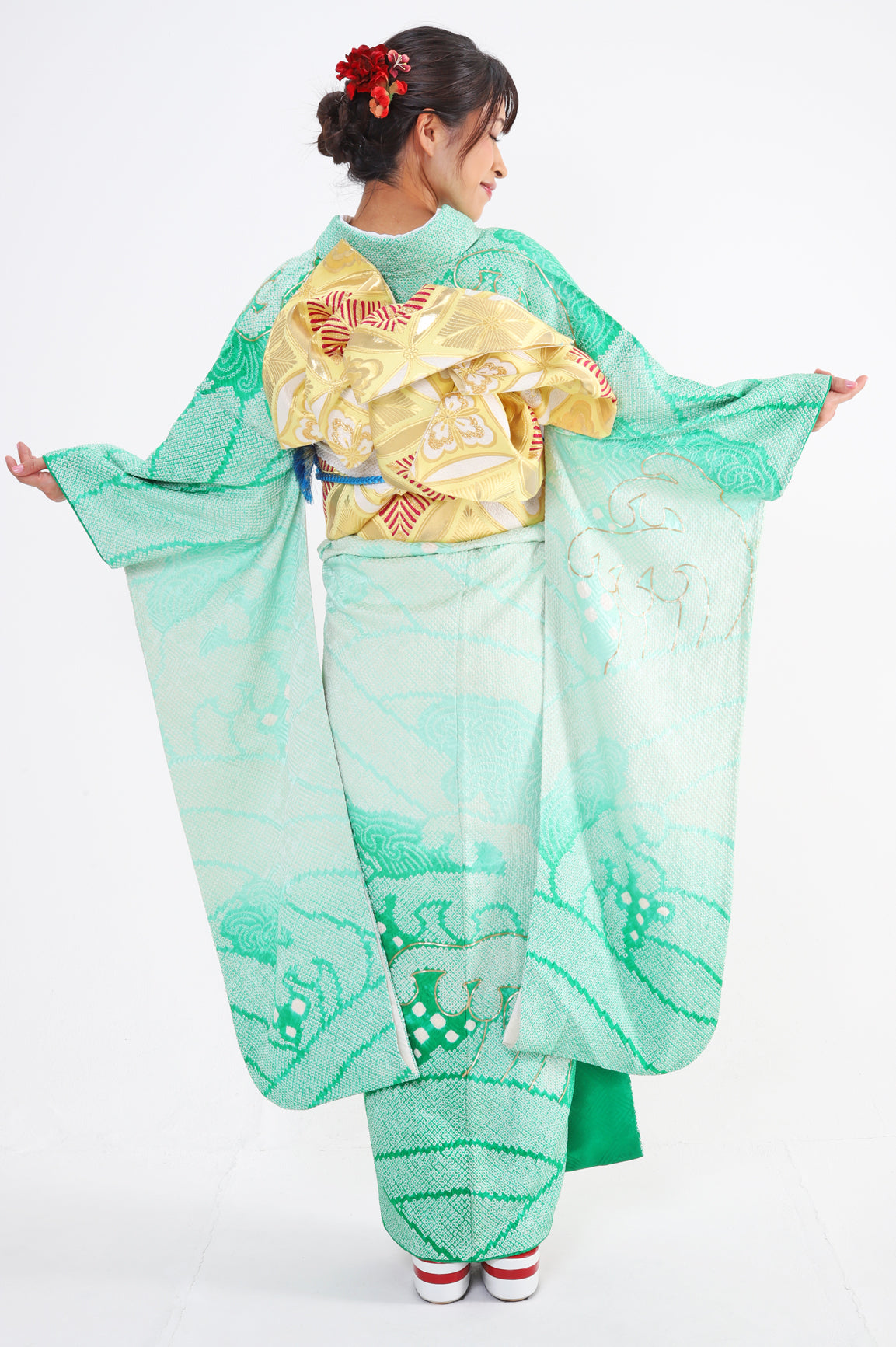 絞り振袖 黄緑 波 古典 セット