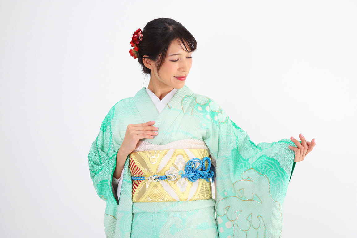 振袖　セット　絞り　着物の丸昌　　緑 絞り振袖 黄緑 波 古典 単品 | 正絹 着物 | IKEIKE JAPAN