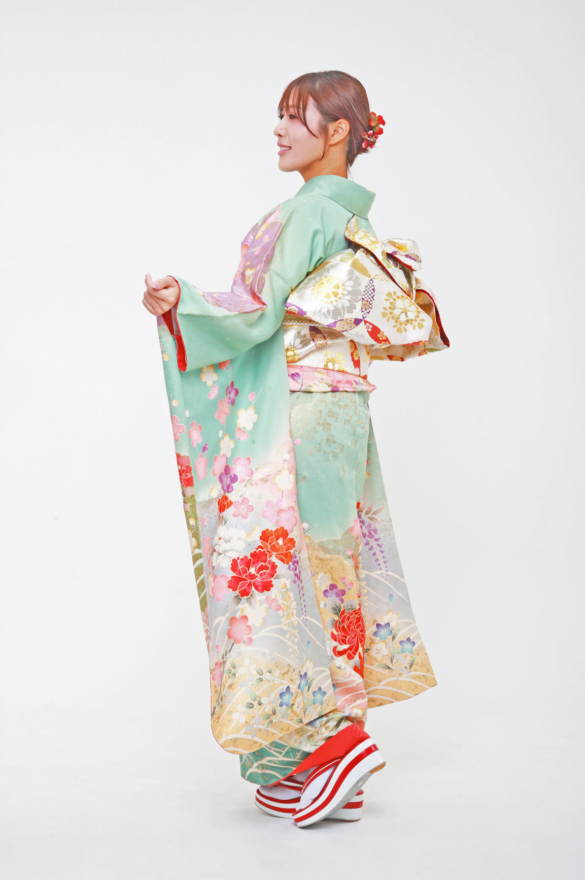 振袖 緑 ピンク 花 古典 セット