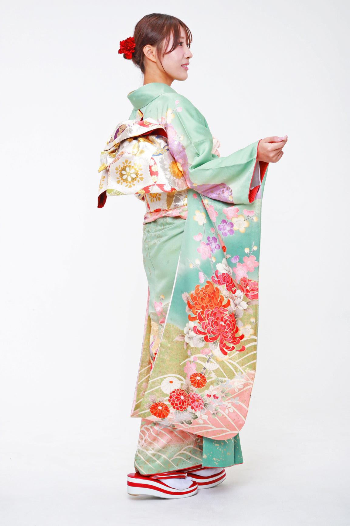 振袖 緑 ピンク 花柄 古典 - 