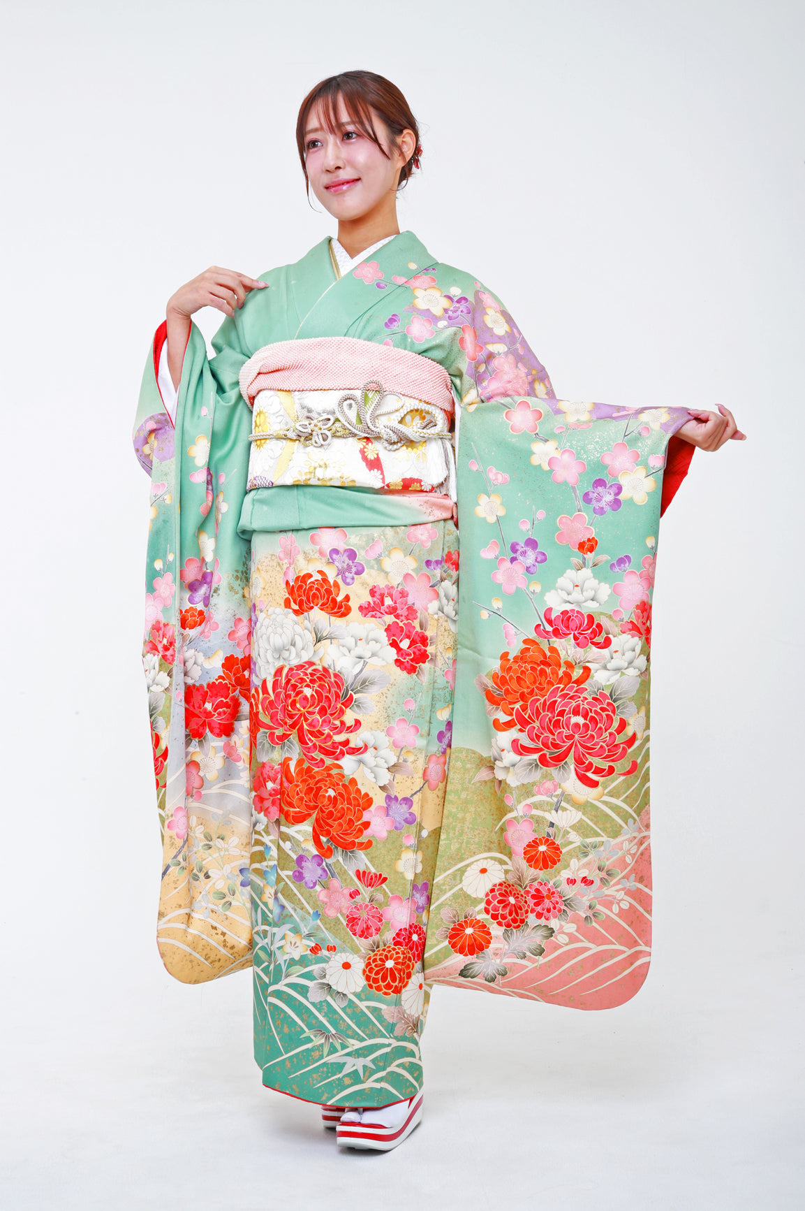 振袖 緑 ピンク 花 古典 セット