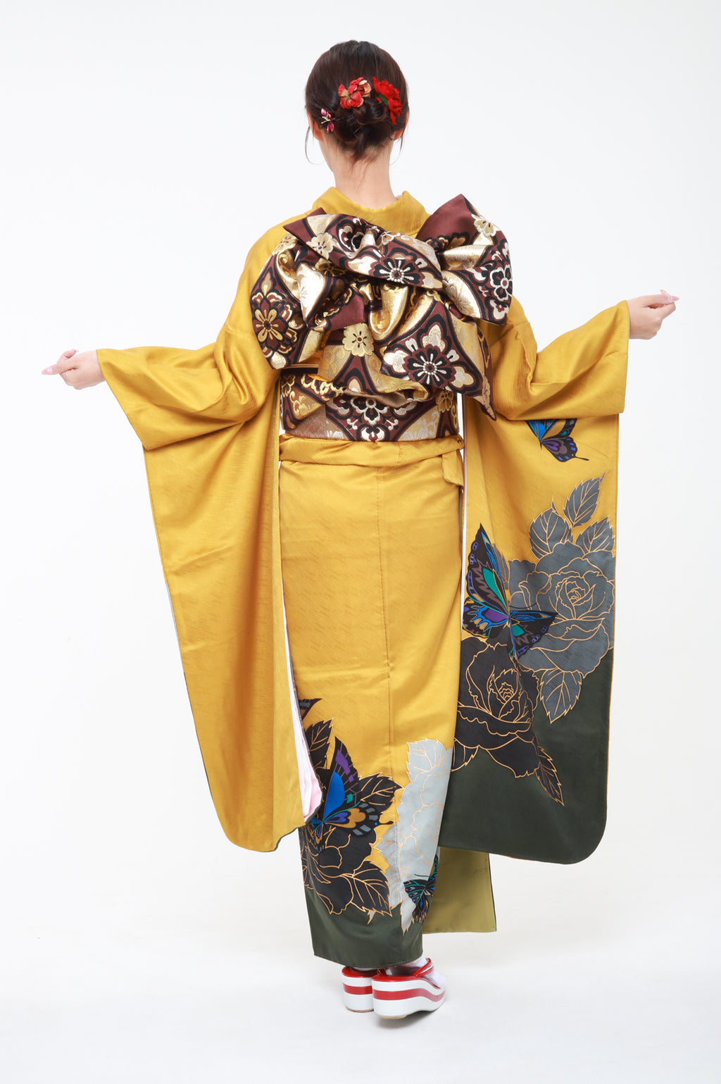 振袖 黄色 蝶 バラ 斎藤三才 セット
