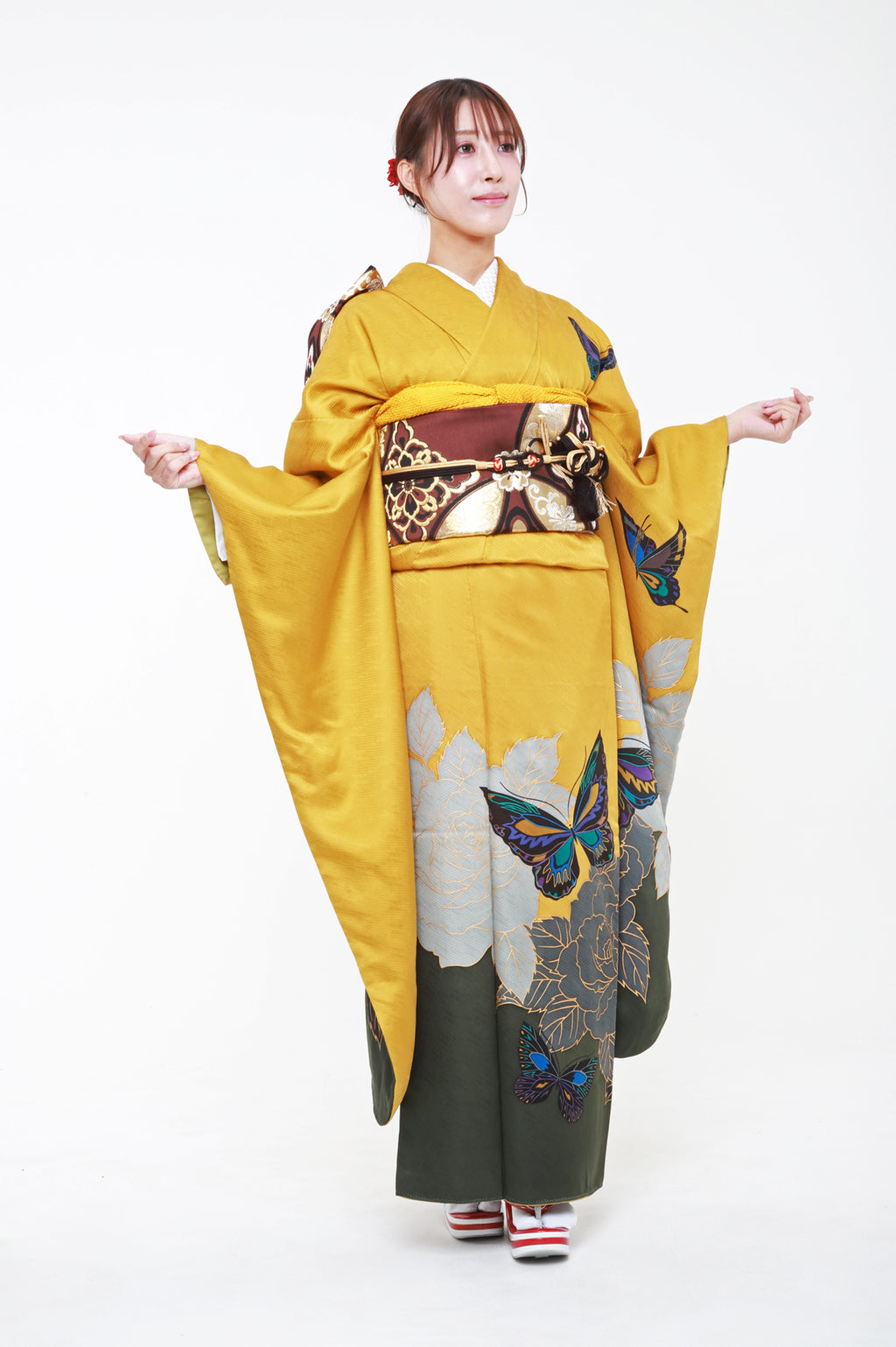 振袖 黄色 蝶 バラ 斎藤三才 セット