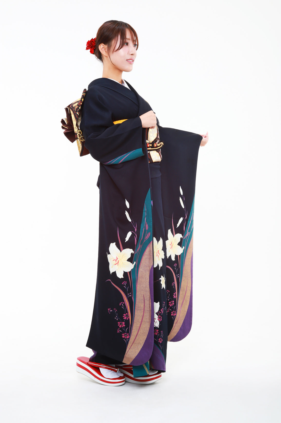 振袖 紺 百合 森英恵 単品 | 正絹 着物 | IKEIKE JAPAN